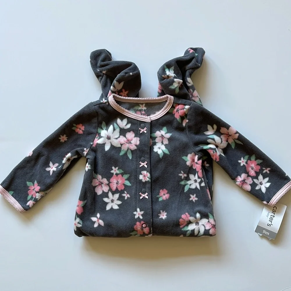 Carter's Baby Cozy Pajamas, Dark Grey with Pink & Coral Flower Print, Sz 9 Month